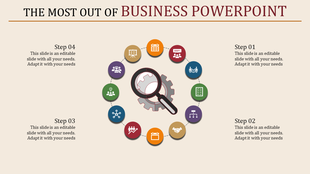 Infographic style business slide with four steps in a circular layout, featuring icons representing business concepts.