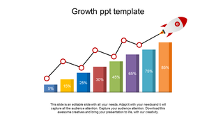 Growth chart slide with colorful bars ranging from 5% to 85% and a line graph showing upward progress with a rocket icon.