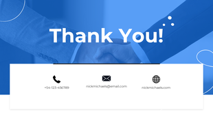 Thank You slide with a handshake, featuring contact details such as phone number, email, and website.