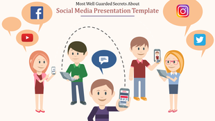 Slide with five people holding phones and laptops, surrounded by social media logos in orange speech bubbles.