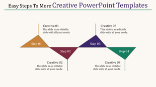 Step by step creative PowerPoint template with colorful triangles and sections with placeholder text.