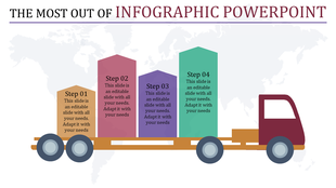 Illustration of a truck carrying four colorful blocks in orange, pink, purple, and green on a pale map background.