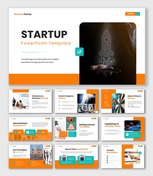 A Startup PowerPoint template with innovation launch concept, customer testimonials, business roadmap, and vision planning.
