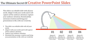 Slide featuring a lamp projecting colorful beams, highlighting four numbered sections on a horizontal red base.