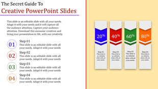 Creative infographic with four percentage bars in varying colors and steps labeled from four steps on yellow background.
