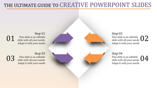 Creative slide with a central diamond shape featuring purple and orange arrows, and with four numbered captions.