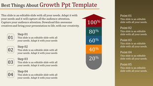 Growth PPT template showing a percentage scale from 20 to 100 percent, with steps for each level with placeholder text.