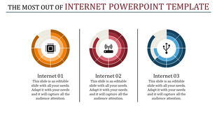 Three circular diagrams in orange, red, and blue hues with icons in the center and captions below.