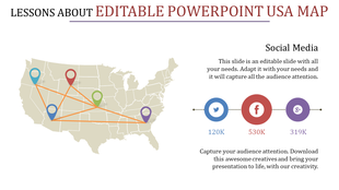 USA map with multiple location pins connected by lines, paired with social media icons and engagement statistics below.