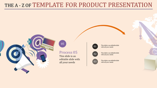 Product slide featuring a sequence of icons related to process steps, with titles and captions areas.