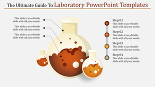 Creative PowerPoint slide with laboratory beakers and numbered steps with placeholder text.