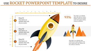 Rocket PowerPoint template with a step by step guide and a colorful graph depicting progress with placeholder text.