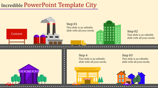Colorful cityscape illustration with buildings and vehicles connected by a road, along with four labeled steps.