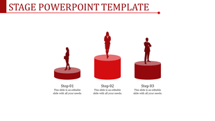 Red stage themed template with three podiums of varying heights featuring silhouettes of professionals.