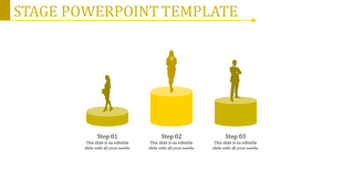 Stage PowerPoint template with yellow podiums representing steps in a process with placeholder text.