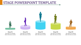 Stage PowerPoint template featuring five individuals on colored platforms, each representing different steps in a process.