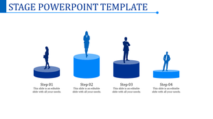 Blue themed stage template with four steps and silhouettes representing progression in a business process.