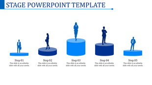 Blue stage themed template with five podiums of varying heights featuring silhouettes representing steps 01 to 05.