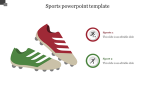 Two football cleats, one red and one green, with white stripes, placed side by side, with sports-related icons and captions.