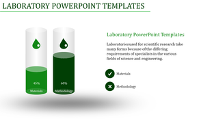 Slide with two test tubes filled with green liquid, percentage labels, and text highlighting materials and methodology.