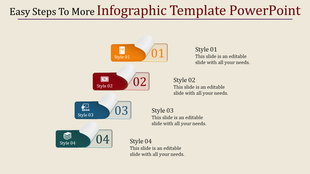 Infographic PowerPoint slide with four stages represented by colorful icons and labels with placeholder text.