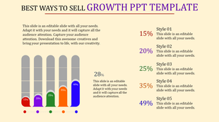 Growth PowerPoint template featuring a series of colorful bars representing different percentages with placeholder text.