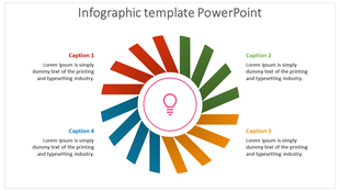 Infographic with red, green, orange, and blue segments radiating from a pink light bulb icon in the center.