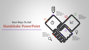 PowerPoint slide featuring a black color handshake design with multiple style options and icons with placeholder text.