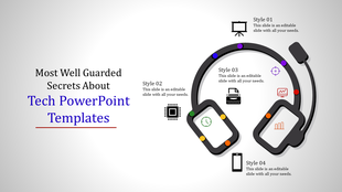 A slide featuring a tech themed design with colorful icons around a headset, each representing different presentation styles.