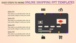 PowerPoint slide featuring a black credit card with online shopping related icons with placeholder text.