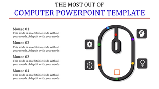 PowerPoint slide featuring a computer mouse with icons for settings, brain, timer, and idea with placeholder text.