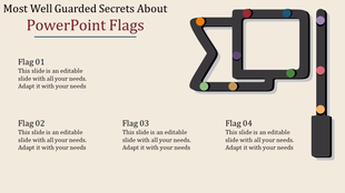 PowerPoint slide showing various flags connected by colorful circles with text placeholders.