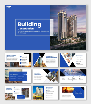 Building PowerPoint Templates blue theme with geometric shapes, icons, and construction stages visuals.