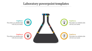 Laboratory themed slide featuring a flask illustration with colorful nodes and four captions with science related icons.