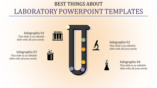 Central U shaped laboratory tube in black with colorful dots, surrounded by four infographic icons and text sections.