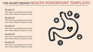 Health PowerPoint template with five steps and medical icons illustrating each stage with placeholder text.