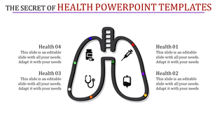 Slide showcasing a lung design featuring colorful markers, with health related icons, paired with four labeled captions.