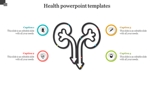 Kidney shaped outline in black, with four colored circles in blue, red, yellow, and green, with captions around it.