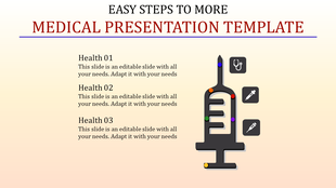 Medical themed slide with a black syringe illustration and three labeled steps with health related icons.