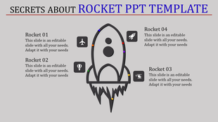 Rocket PPT slide with numbered rockets 01, 02, 03, and 04, and corresponding icons like airplanes and rockets.