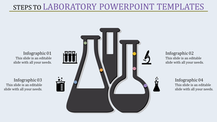 PowerPoint slide featuring laboratory themed icons and infographics, including test tubes, flasks, and scientific symbols.