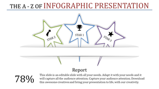 Infographic template with three colorful stars labeled Star 1, 2, and 3, accompanied by a 78 percent progress indicator.