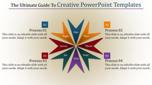 Creative PPT slide with a star shaped process diagram featuring eight colored sections with placeholder text.