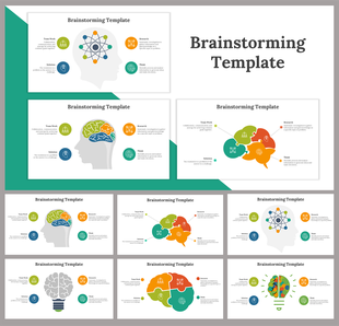 Slide deck featuring various brainstorming templates with colorful brain and icon illustrations on white backgrounds.