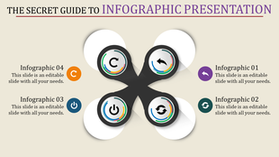 Infographic PowerPoint slide with four sections, each represented by a circular icon with colorful arrows and labeled steps.