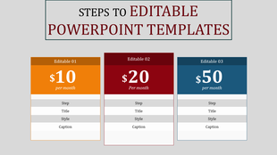 Three PowerPoint template priced at 10, 20, and 50 per month, with fields for step, title, style, and caption.