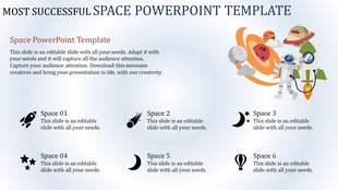 Centralized text content with an astronaut and planets illustration on the right, paired with six icons and text below.