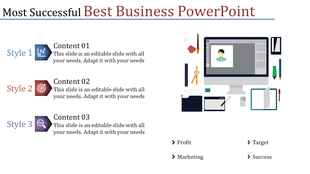 Business slide with styled content blocks, including a computer and office supplies with placeholder text.