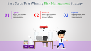 A playful illustration of risk management steps with a character surrounded by paperwork and a calendar marking a deadline.