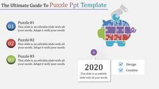 Colorful PowerPoint puzzle template with pieces fitting into a piggy bank with placeholder text.